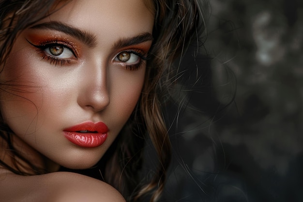 Portrait de mode d'un beau modèle avec un maquillage exotique sur un fond sombre