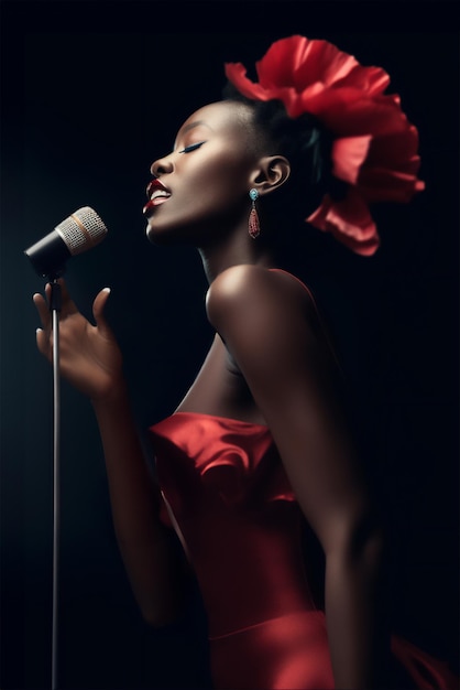 Photo portrait de mode d'une belle chanteuse à la peau foncée dans une élégante robe rouge et une grande rose florale