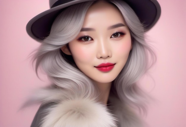 Portrait de mode d'une belle femme asiatique avec des cheveux argentés et un chapeau