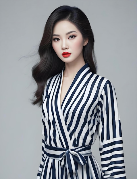 Portrait de mode d'une belle femme asiatique dans une robe à rayures avec des lèvres rouges