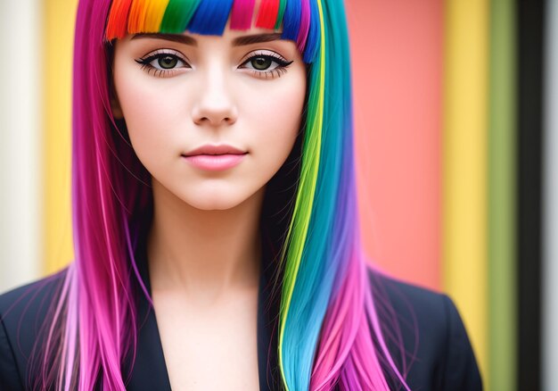 Photo portrait de mode d'une belle femme aux cheveux multicolores ai générative