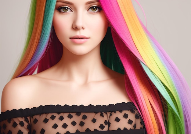 Photo portrait de mode d'une belle femme aux cheveux multicolores ai générative