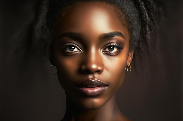 Portrait de mode belle femme noire avec un maquillage naturel dans un éclairage de studio sombre Illustration d'IA générative