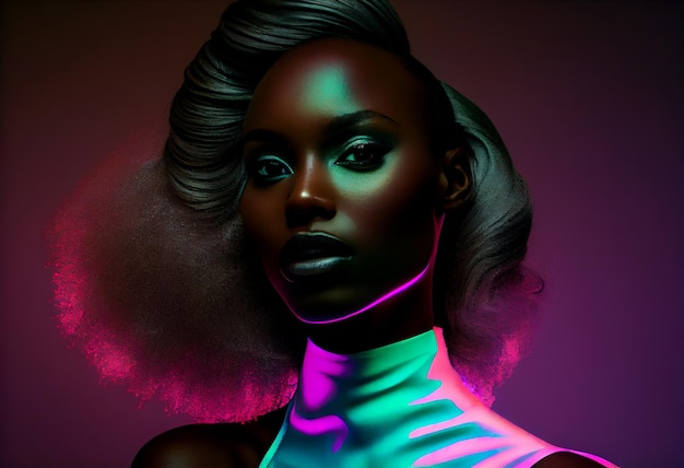Portrait de mode belle femme noire regarde la caméra dans un éclairage de studio au néon Générer Ai