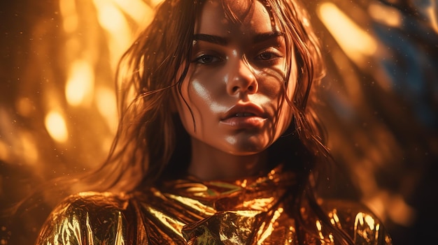 Portrait de mode d'une belle fille décorée de feuille d'or AI générative