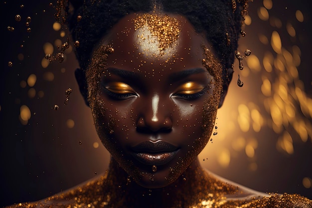 Portrait de mode d'une belle jeune femme avec un art de visage de maquillage d'art liquide doré brillant sur fond sombre AIGenerated