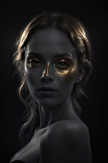 Portrait de mode d'une belle jeune femme avec un maquillage doré brillant dans le noir