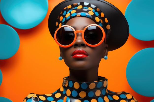 Portrait de mode femme noire Modèle féminin élégant avec des éléments à pois et des lunettes de soleil regardant la caméra