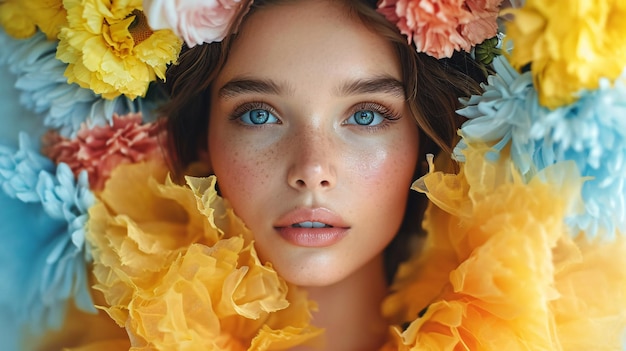 Portrait de mode floral vibrant avec un modèle à yeux bleus génératif AI