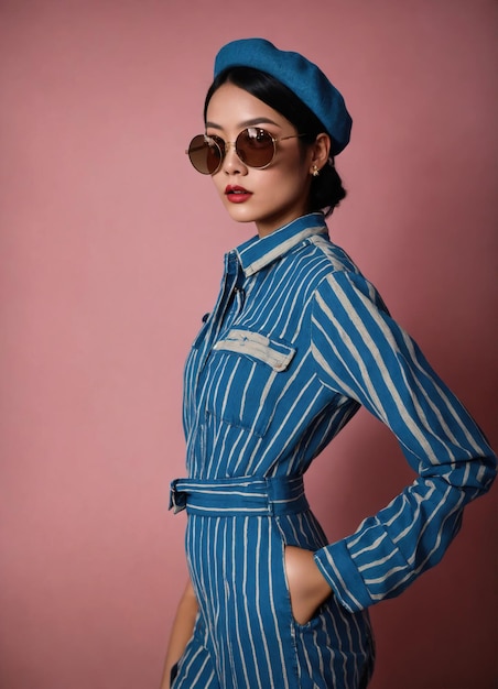 Photo portrait de mode d'une jeune et belle femme asiatique avec une coiffure courte et des lunettes de soleil dans une robe élégante.