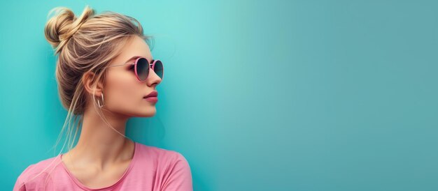 Portrait de mode d'une jeune femme belle en lunettes de soleil sur fond bleu