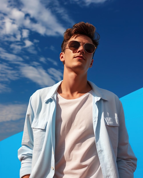 Photo portrait à la mode d'un jeune homme dans le ciel