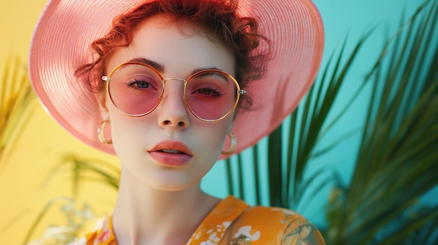 Photo portrait de mode d'une jolie fille avec un chapeau d'été et des lunettes de soleil sur fond jaune et bleu