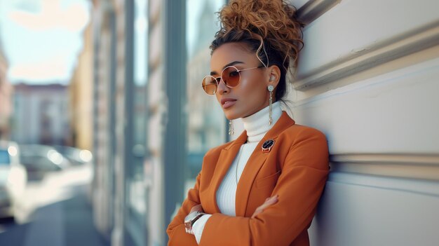 Photo portrait de mode de rue en plein air d'une jeune femme élégante portant une tortue en tenue d'automne à la mode