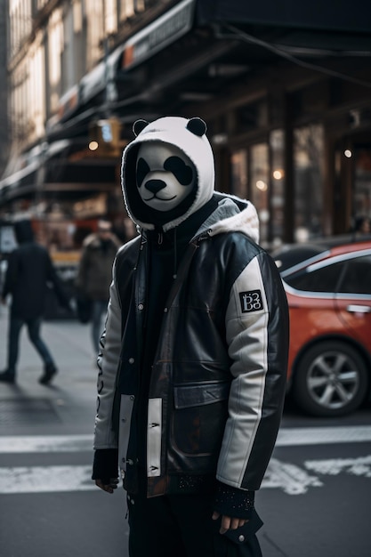 Portrait de mode streetwear inspiré du panda tourné en 8k dans une rue de la ville avec un homme portant un masque de panda