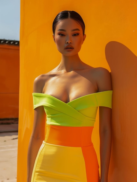 Photo portrait de mode vibrant d'un modèle élégant avec une robe en bloc de couleur sur un fond jaune