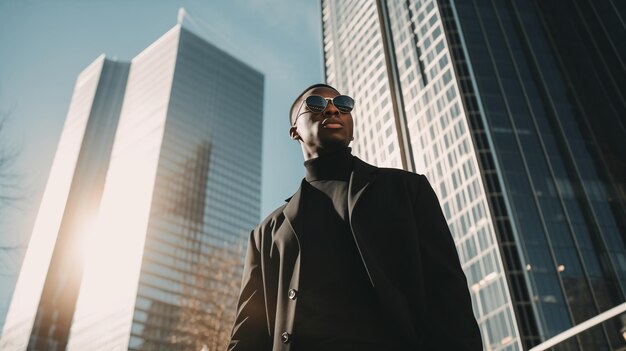 Photo portrait à la mode de vie d'un jeune homme américain noir élégant posant dans la rue de la ville en détournant le regard