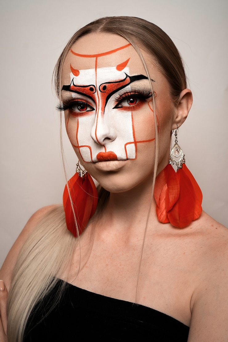 Photo portrait de modèle aux cheveux blonds et visage fort, rouge à lèvres rouge-beige. maquillage fantastique. style chinois