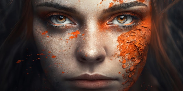 Portrait de modèle caucasien avec maquillage orange artistique