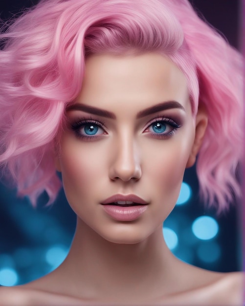 Portrait d'un modèle fantastique à l'aquarelle avec des cheveux roses et bleu ciel à l'honneur