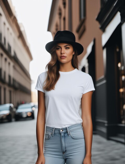 Portrait de modèle féminin portant un chapeau et un t-shirt blanc rosa mockup modèle de chemise blanche dans le boho de rue