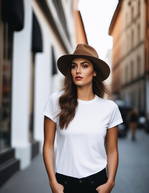 Portrait de modèle féminin portant un chapeau et un t-shirt blanc rosa mockup modèle de chemise blanche dans le boho de rue