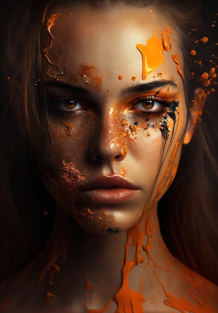 Portrait de modèle hispanique avec maquillage orange artistique