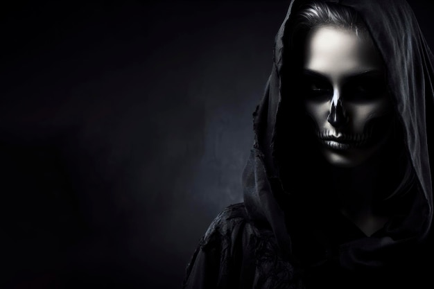 Portrait de la moissonneuse ou de la mort sur fond sombre avec fond d'espace de copie ai génératif
