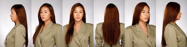 Portrait de moitié du corps de la chemise de cheveux de femme asiatique des années 20. Fille tourne 360 autour de l'arrière vue arrière de nombreuses poses sur fond gris blanc isolé