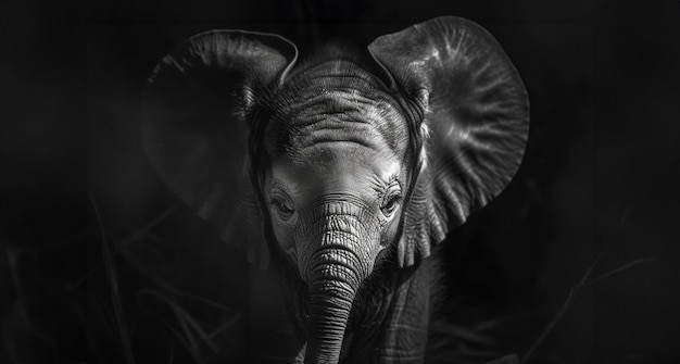 Portrait monochrome d'un éléphant africain aux yeux expressifs