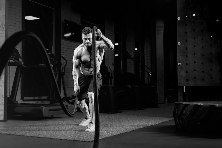 Photo portrait monochrome d'un homme torse nu musclé faisant la formation de corde de bataille dans la salle de gym.
