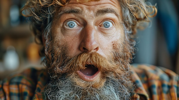 Photo portrait d'un monstre barbu et poilu surpris avec les cheveux longs dans le barbier avec les yeux larges et la bouche ouverte