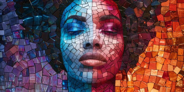 Photo portrait en mosaïque d'une femme aux cheveux bleus et orange