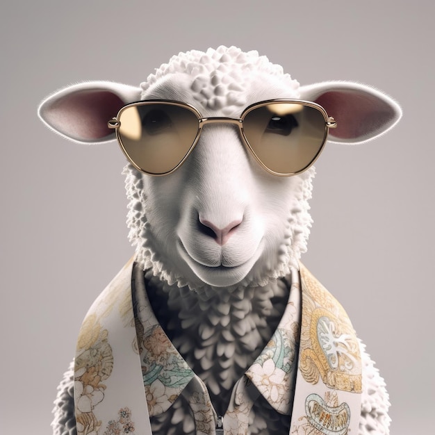 Portrait de mouton de dessin animé 3D portant des vêtements lunettes chapeau et veste debout devant