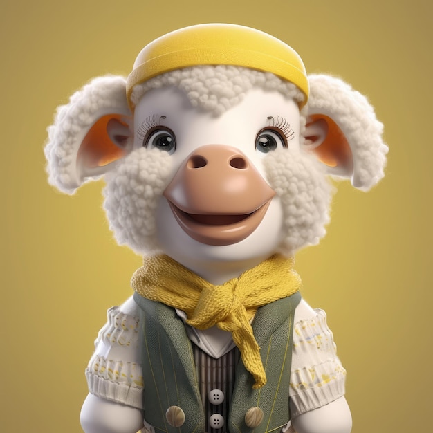 Portrait de mouton de dessin animé 3D portant des vêtements lunettes chapeau et veste debout devant
