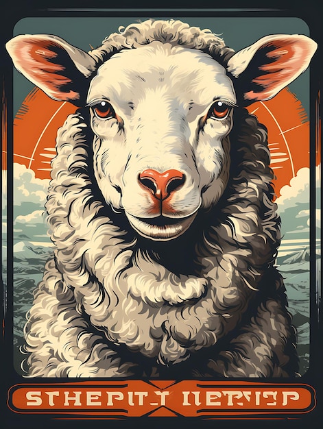 Portrait de moutons portant un gilet de laine avec un rancher cool posé sur une affiche vintage 2D Flat Design Art
