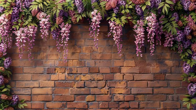 Portrait d'un mur de briques décoré de fleurs de wisteria sur le dessus et d'un grand espace pour le texte ou la publicité du produit AI générative