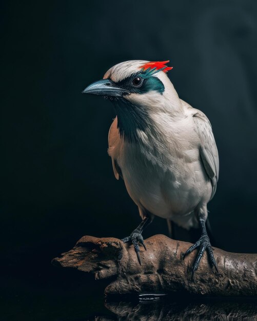 Photo portrait mystique de bali starling debout dans l'espace de copie du studio pour le texte sur fond noir