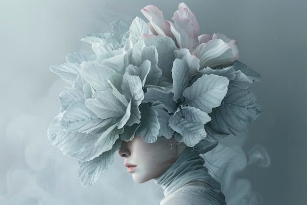 Photo portrait mystique d'une femme avec une coiffure florale dans des teintes bleues éthériques