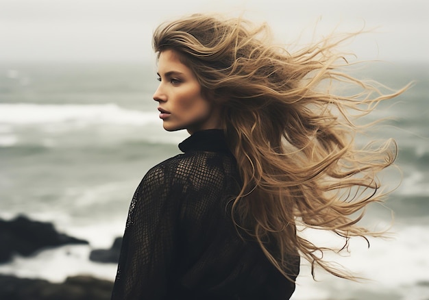 Portrait naturel d'une jolie femme sur la plage avec des cheveux longs soufflant dans le vent Concept de beauté AI