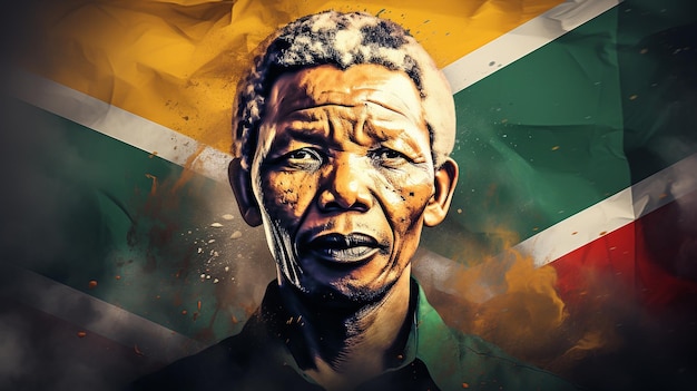 Portrait de Nelson Rolihlahla Mandela avec un drapeau sud-africain