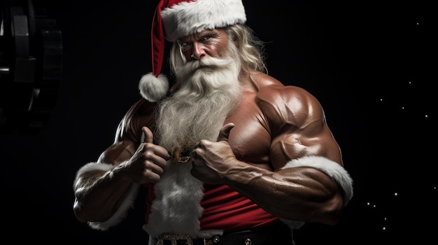 Portrait de Noël d'un athlète fort et sexy musclé en costume de Père Noël avec barbe grise posant montrant ses abdominaux isolés sur fond blanc Photo de haute qualité