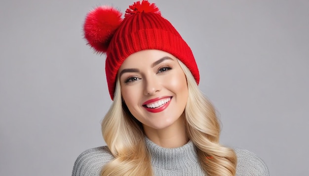 Portrait de Noël d'une belle femme blonde souriante dans un chapeau rouge avec des pompons