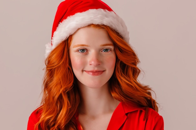 Portrait de Noël d'une belle jeune femme rousse sur fond blanc