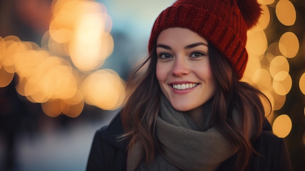 Portrait de Noël d'une femme heureuse dans la rue la neige et la joie marchent le soir l'humeur des vacances de Noël le sourire sur le visage de la femme