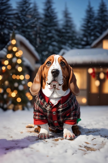 Portrait de Noël en plein air Basset Hound en tenue de fête avec fond bokeh