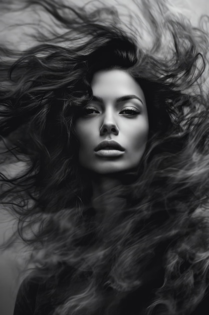 Un portrait en noir et blanc d'une femme aux cheveux longs