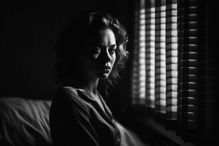 Portrait noir et blanc d'une femme dans le style des films en noir à la fenêtre avec lumière à travers les stores Generative AI
