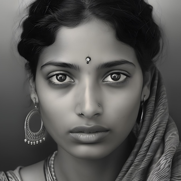 Un portrait en noir et blanc d'une femme indienne captivante