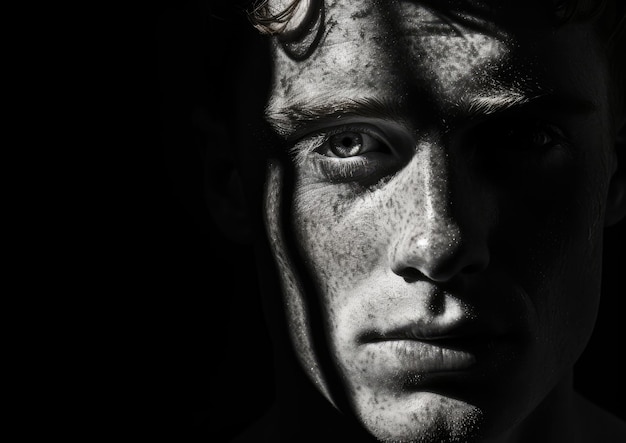 Un portrait en noir et blanc d'un homme aux taches de rousseur avec un éclairage spectaculaire projetant des ombres profondes sur son fac